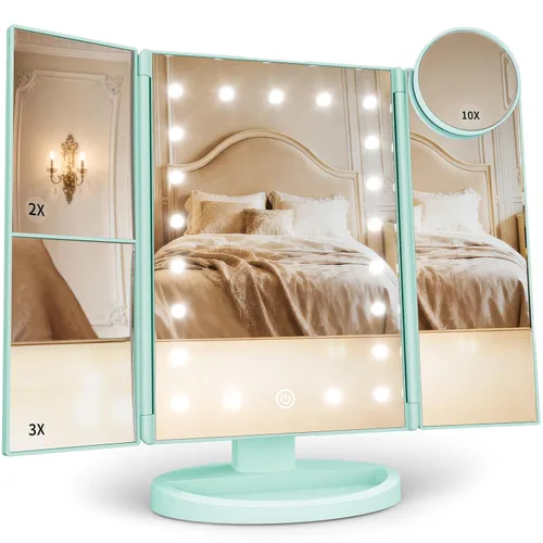 Miniatura 12 de HUONUL Espejo de Maquillaje de Tocador con Luces, Aumento 2X 3X 10X, Control Táctil, Espejo Tríptico, Fuente de Alimentación Doble, Regalos
