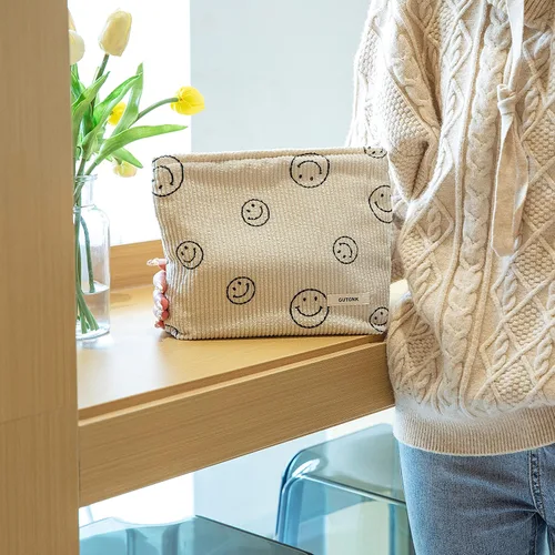 Miniatura 4 de Bolsa de maquillaje para mujeres, bolsa de cosméticos de pana con diseño estético, bolsa de mano para damas, estuche para lápices para niñas, lindo