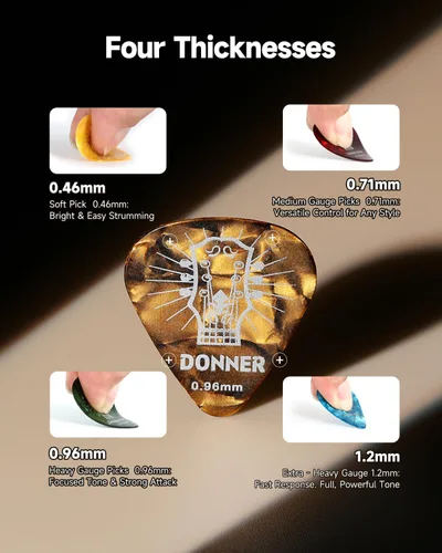 Miniatura 2 de Donner Paquete de 16 púas de guitarra para guitarra acústica, guitarra eléctrica, ukelele, incluye púas delgadas, medias, pesadas y extra pesadas