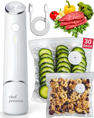 Chef Preserve Sellador al Vacío Compacto para Alimentos (Máquina Selladora al Vacío + 30 Bolsas al Vacío Reutilizables) Potente Máquina Selladora al