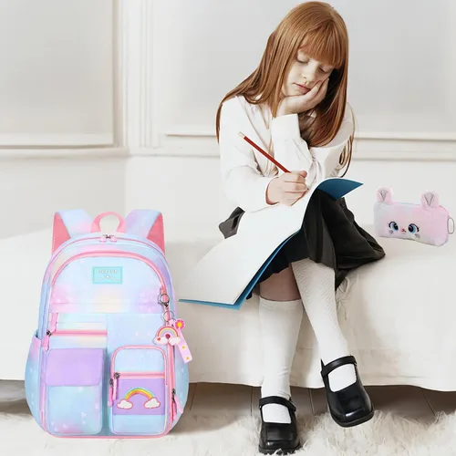 Miniatura 9 de Jcobvig Mochila de arcoíris para niñas y niños, linda mochila escolar para estudiantes con bolsa para bolígrafos, bolsa de viaje para portátil