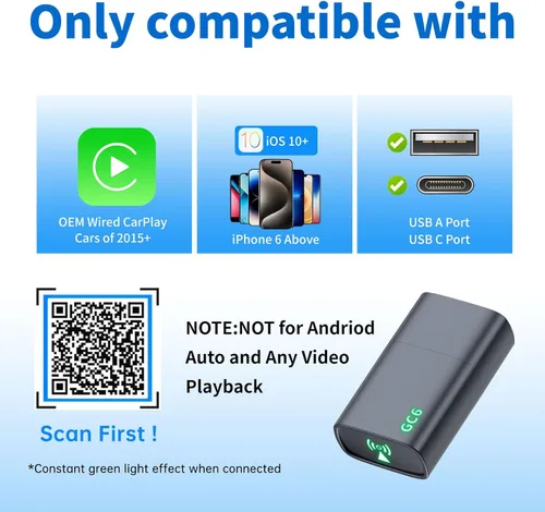 Miniatura 8 de Adaptador inalámbrico CarPlay para iPhone, convierte Apple CarPlay con cable de fábrica a inalámbrico, mini USB/USB-C CarPlay Dongle, reconexión