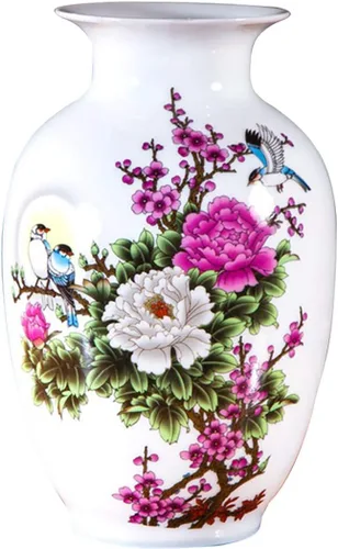 Jarrón de cerámica blanco chino, Jingdezhen Birds Peony Flower Jarrones de porcelana blanca Decoración para el hogar B5