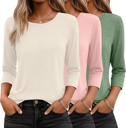 Miniatura 38 de Ficerd Paquete de 3 camisetas de manga 3/4 para mujer, cuello redondo, camisetas básicas elegantes, casuales, modernas, holgadas