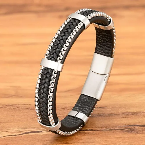 Miniatura 3 de Hoigblxy Pulsera de cuero para hombre, cierre magnético, de acero inoxidable, longitud de 8.26 pulgadas, Sin gemas.