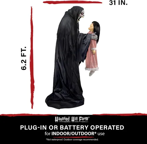 Miniatura 7 de Haunted Hill Farm Soul Sucker Demon Reaper con Niño de Tekky, Animatrónico de Halloween con Activación por Movimiento y Habla para Decoraciones