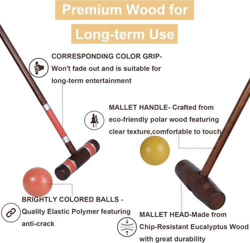 Miniatura 2 de SpeedArmis Juego de croquet de lujo para 8 jugadores con regulación de 32 pulgadas mazos de madera de goma de tamaño estándar de 28 pulgadas, bola