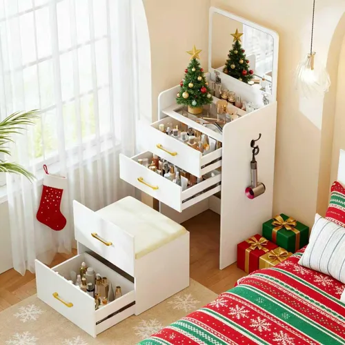 Miniatura 16 de Escritorio de tocador 3 en 1 con espejo abatible y luces, mesa de tocador de maquillaje con parte superior de vidrio con estación de carga, tocador