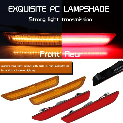 Miniatura 2 de Para Ford Mustang 2010, 2011, 2012, 2013, 2014 Luces de Marcador Lateral de Parachoques Delantero y Trasero, Luces LED Ámbar y Rojas, 4 piezas