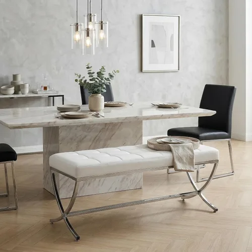 Miniatura 3 de LukeAlon Moderno banco de comedor de piel sintética, banco otomano con botones copetudos con acabado cromado en forma de X, banco tapizado