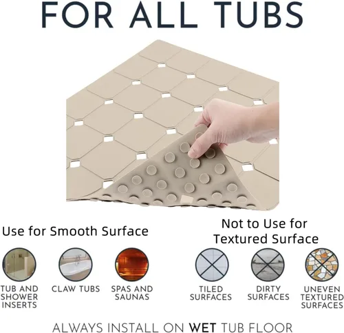 Miniatura 3 de Tapete de ducha antideslizante de 21 x 21 pulgadas, de silicona, plegable, con ventosas y agujeros de drenaje, inodoro, ecológico y duradero, Beige