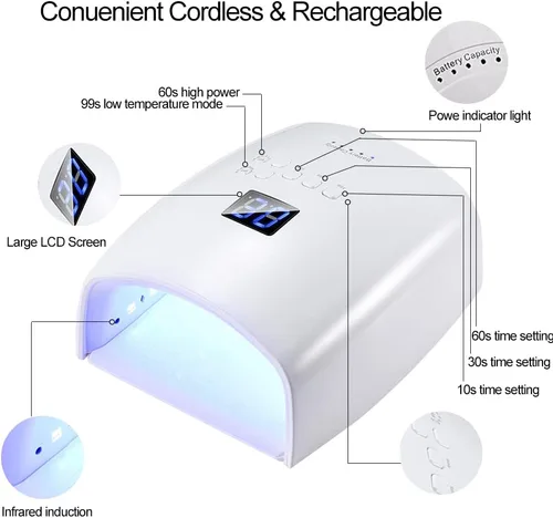 Miniatura 2 de Lámpara de uñas LED UV inalámbrica de 48 W, secadora recargable mejorada, luces de gel profesionales, sensor automático para manicura, herramientas
