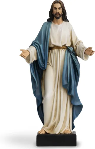 Estatua de Jesús de 12 pulgadas con brazos abiertos, figura de Jesucristo pintada a mano en túnica azul, escultura religiosa de resina realista para