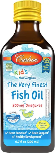 Carlson - Líquido de aceite de pescado The Very Finest para niños, 800 mg de omega-3, noruego, aceite de pescado capturado en la naturaleza, líquido