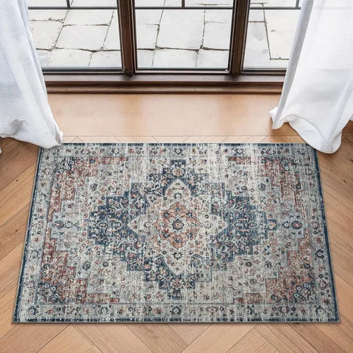 Miniatura 16 de Bloom Rugs Caria Alfombra Lavable Antideslizante de 7 pies - Azul/Carbón Alfombra Tradicional para Entrada, Pasillo, Baño y Cocina - Tamaño Exacto