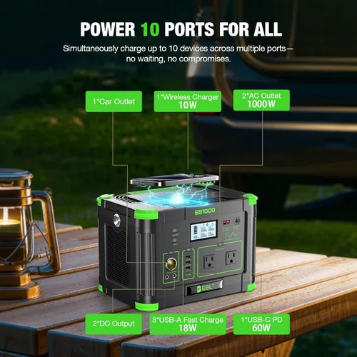 Miniatura 5 de EBL Estación de energía portátil de 1000 W, generador solar de 999 Wh, batería de reserva de carga rápida con carga inalámbrica de 10 W y múltiples