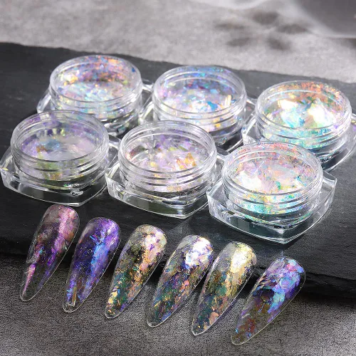 Miniatura 4 de Polvo de uñas cromado iridiscente, 6 cajas de copos de ópalo de fuego de cristal para arte de uñas, lentejuelas holográficas de sirena con purpurina