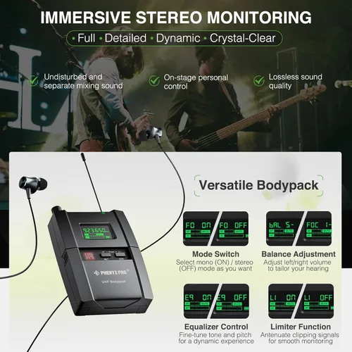 Miniatura 4 de Phenyx Pro UHF Stereo Wireless in Ear Monitor System, IEM inalámbrico, frecuencia seleccionable de banda de 900 MHz, montaje en rack, funcionamiento