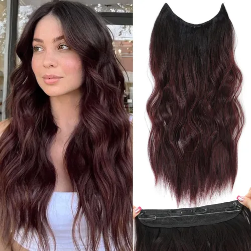 Miniatura 36 de Extensiones de cabello con halo de 12 pulgadas con alambre invisible, cabello largo ondulado ajustable, sintético, mejora con 4 clips de seguridad