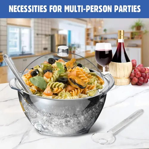 Miniatura 4 de LIMOEASY Tazón para ensalada helada, tazón grande de 4.5 Qt para servir frío con tapa para fiestas, tazones de hielo para mantener frías