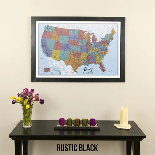 Miniatura 59 de Push Pin Travel Maps Lienzo personalizado Blue Oceans USA con marco gris de madera de granero