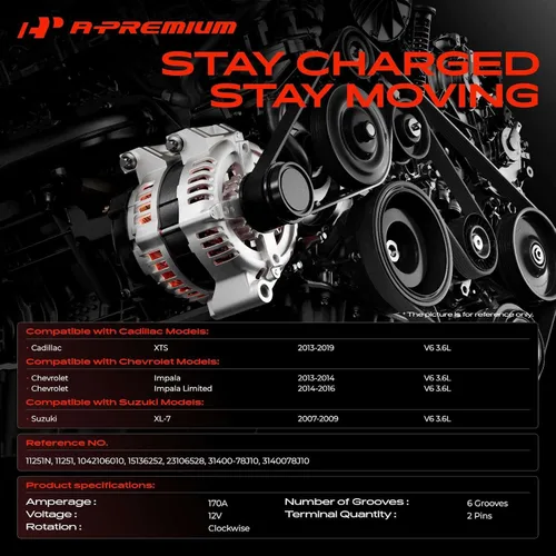 Miniatura 2 de A-Premium Alternador compatible con Chevrolet Impala 13-14, Impala Limited 14-16 y Cadillac XTS 13-19 y Suzuki XL-7 07-09, V6 3.6L, 170Amp 12V CW