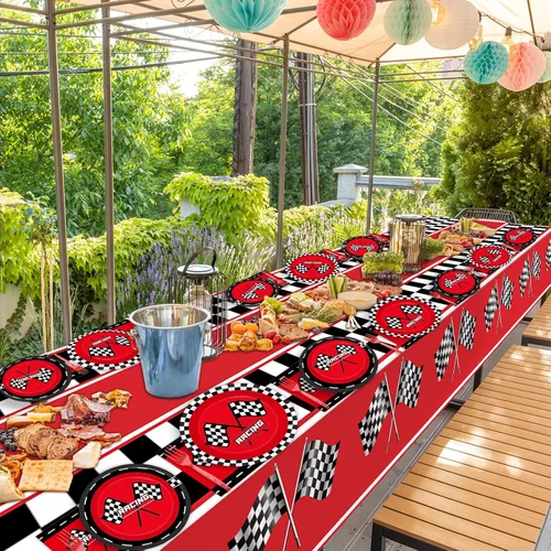 Miniatura 5 de 98 piezas de suministros de fiesta de coches de carreras rojos, servilletas, manteles de carreras, juego de vajilla de carreras con bandera a