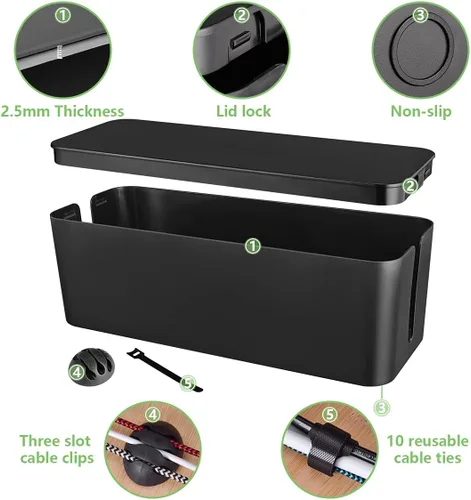 Miniatura 4 de Caja organizadora de cables, caja organizadora de cables grande para ocultar la regleta de alimentación y debajo del escritorio, organizador de Negro