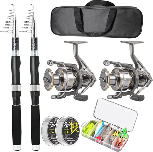 Paquete de 2 cañas de pescar combinadas, carretes giratorios de fibra de carbono, bolsa transportadora de pesca para viajes, agua salada y agua dulce