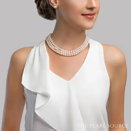 Miniatura 3 de The Pearl Source Collar de perlas cultivadas de agua dulce blancas de triple hebra para mujer de 18-19-20" de longitud matinal, Perla, Perla