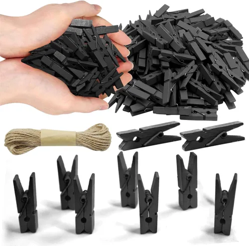 Miniatura 14 de Mini Pinzas de Ropa de 1.35 Pulgadas para Fotos, 100 Piezas con 32 Pies de Cordel de Yute, Mini Pinzas de Ropa para Manualidades, Pequeñas Pinzas
