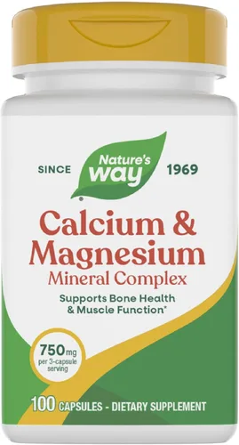 Nature's Way Complejo mineral de calcio y magnesio, apoya la salud ósea y la función muscular,* 750 mg por porción de 3 cápsulas, 100 cápsulas (el