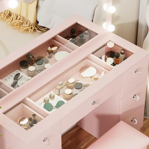 Miniatura 4 de VOWNER Tocador con espejo iluminado: escritorio de maquillaje con parte superior de vidrio con 7 cajones y toma de corriente, 3 modos de iluminación