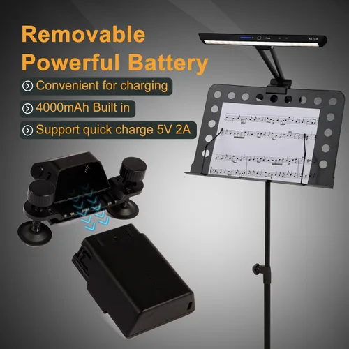Miniatura 2 de Luces de soporte de música, luz LED con clip, batería extraíble, funciona con batería recargable, lámpara de abrazadera USB-C de larga duración