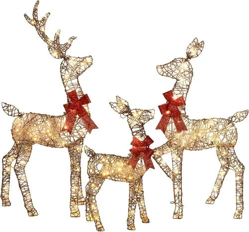 Miniatura 11 de 2 piezas de ciervos de Navidad grandes iluminados, decoración de patio de HOYECHI al aire libre, reno de ratán con 85 luces LED, estacas, lazos