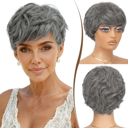 Miniatura 7 de RUWISS Peluca de cabello humano con corte Pixie, peluca de cabello humano con flequillo, peluca negra corta natural en capas, ondulada, diferentes