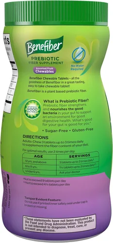 Miniatura 14 de Benefiber Tabletas masticables de suplemento de fibra prebiótica para la salud digestiva, sabores surtidos de frutas, 100