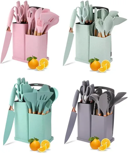 Miniatura 9 de Juego de 19 piezas de utensilios y cuchillos de cocina con bloque, incluye juego de 11 utensilios de cocina de silicona, 5 cuchillos de chef
