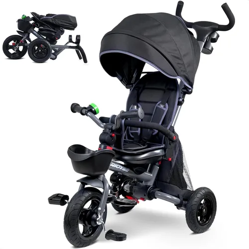 Miniatura 8 de RIDYEE 7-en-1 Triciclo plegable para niños pequeños de 18 meses a 5 años, cochecito triciclo con frenos duales, neumático de goma todo terreno