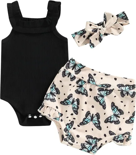Miniatura 154 de TheFound Trajes de verano para niñas pequeñas, sin mangas, de punto acanalado, halter, pantalones cortos, ropa para recién nacidos, conjunto de 3
