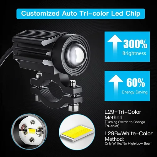 Miniatura 2 de 2 luces de conducción de motocicleta, 12000 lm, tricolor, mini luces LED, luces antiniebla, 60 W, 6000 K, proyector auxiliar blanco ámbar súper