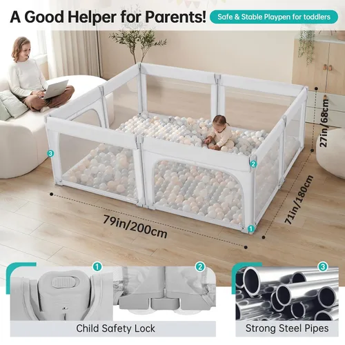 Miniatura 2 de Dora dotey Corralito gris claro para bebés y niños pequeños, plegable y ajustable, 71 x 59 x 27 pulgadas Plegable Gris Claro