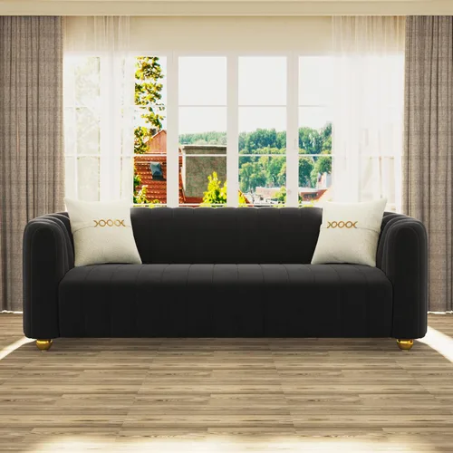 Miniatura 6 de Sofá de terciopelo negro de 83 pulgadas, sofá moderno de mediados de siglo para 3 personas Chesterfield copetudo de terciopelo con 2 almohadas