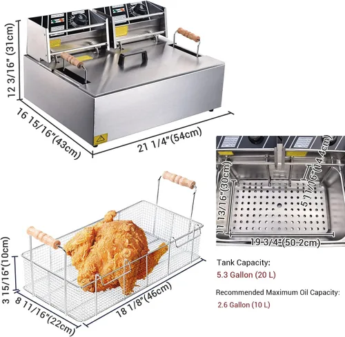 Miniatura 4 de Ampersand Shops - Freidora eléctrica comercial de 20 litros con cabezales eléctricos duales para papas fritas, maíz, perros, pollo frito, calidad