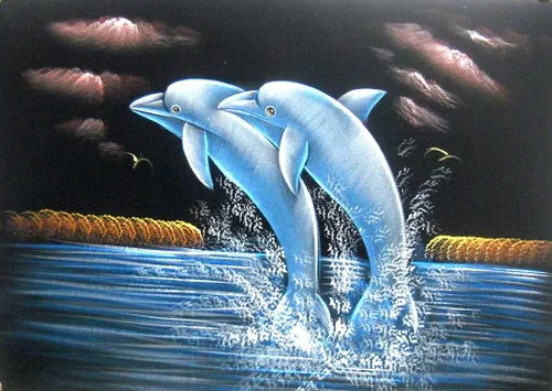 Crafts of India Pintura al óleo de Twin Dolphins sobre terciopelo negro, elegante arte de pared para decoración del hogar y la oficina: Tamaño: 19 x