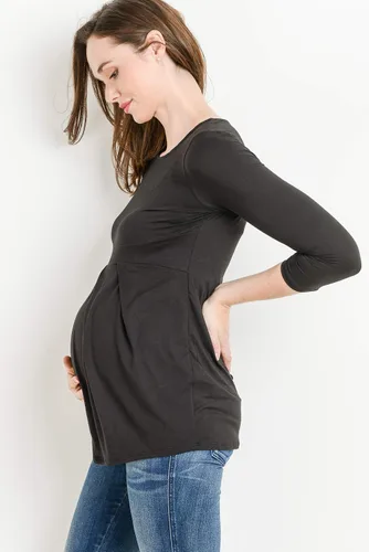 Miniatura 17 de LaClef - Blusa de maternidad para mujer, cuello redondo, manga 3/4, plisada al frente, estilo peplum