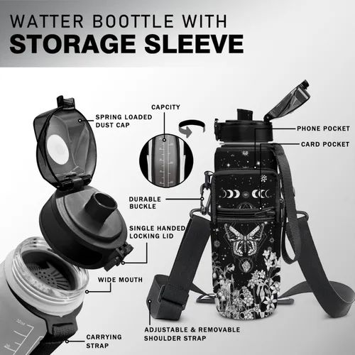 Miniatura 2 de Goth Moon Botella de agua de medio galón con funda - Botella de agua con tapa abatible sin BPA de 32 onzas - con marcador de tiempo, jarra de agua a