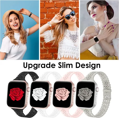 Miniatura 4 de Bandiction - Paquete de 4 correas de silicona de encaje compatibles con Apple Watch de 38mm 40mm 41mm 42mm 44mm 45mm 46mm 49mm, correa delgada