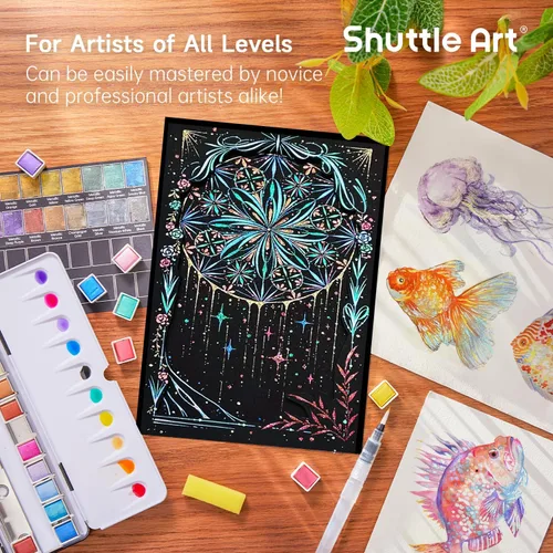 Miniatura 2 de Shuttle Art - Pinturas de acuarela metálicas, 24 colores de pintura de acuarela con purpurina en medias sartenes con pincel de agua, almohadilla