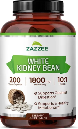 Zazzee Extracto de frijol blanco 10:1, 1800 mg por porción, 200 cápsulas veganas, suministro para más de 2 meses, Phaseolus vulgaris, soporte